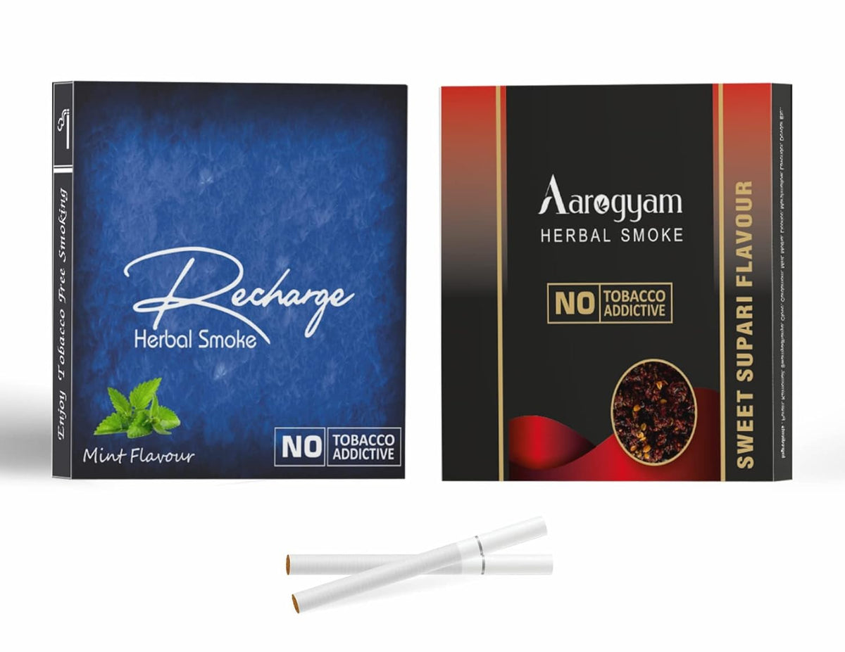 Aarogyam Herbals Pack Of 2 Flavours 100% Tobacco & Nicotine Free Cigarette For Relieve Stress & Mood Enhance Product Sweet Supar, Recharge - 10 Sticks X 2 Packets