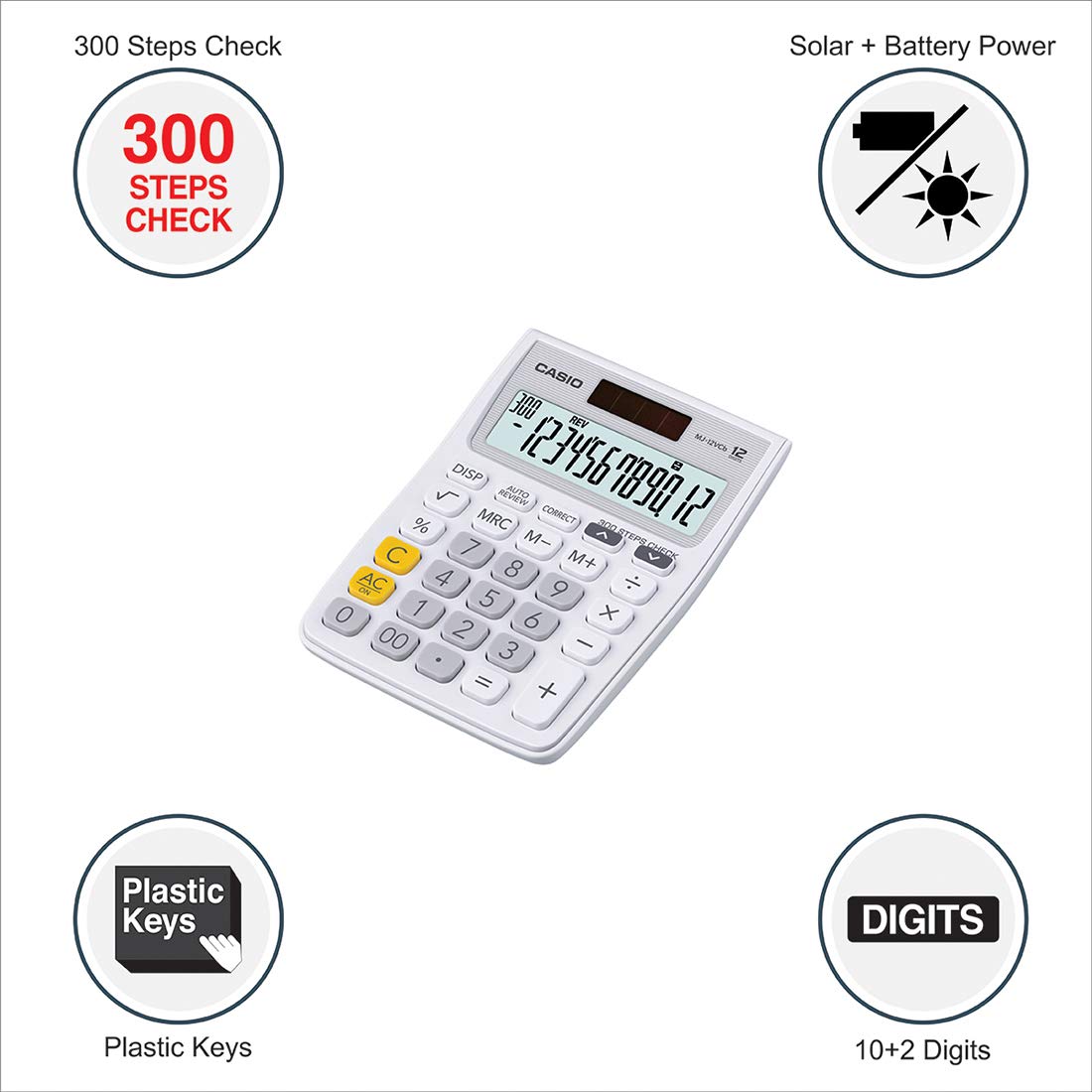 Casio Mj-12vcb-we 300 Steps Check & Correct Colourful Desktop Calculator (White) | Perfect Calculator For Home & Office