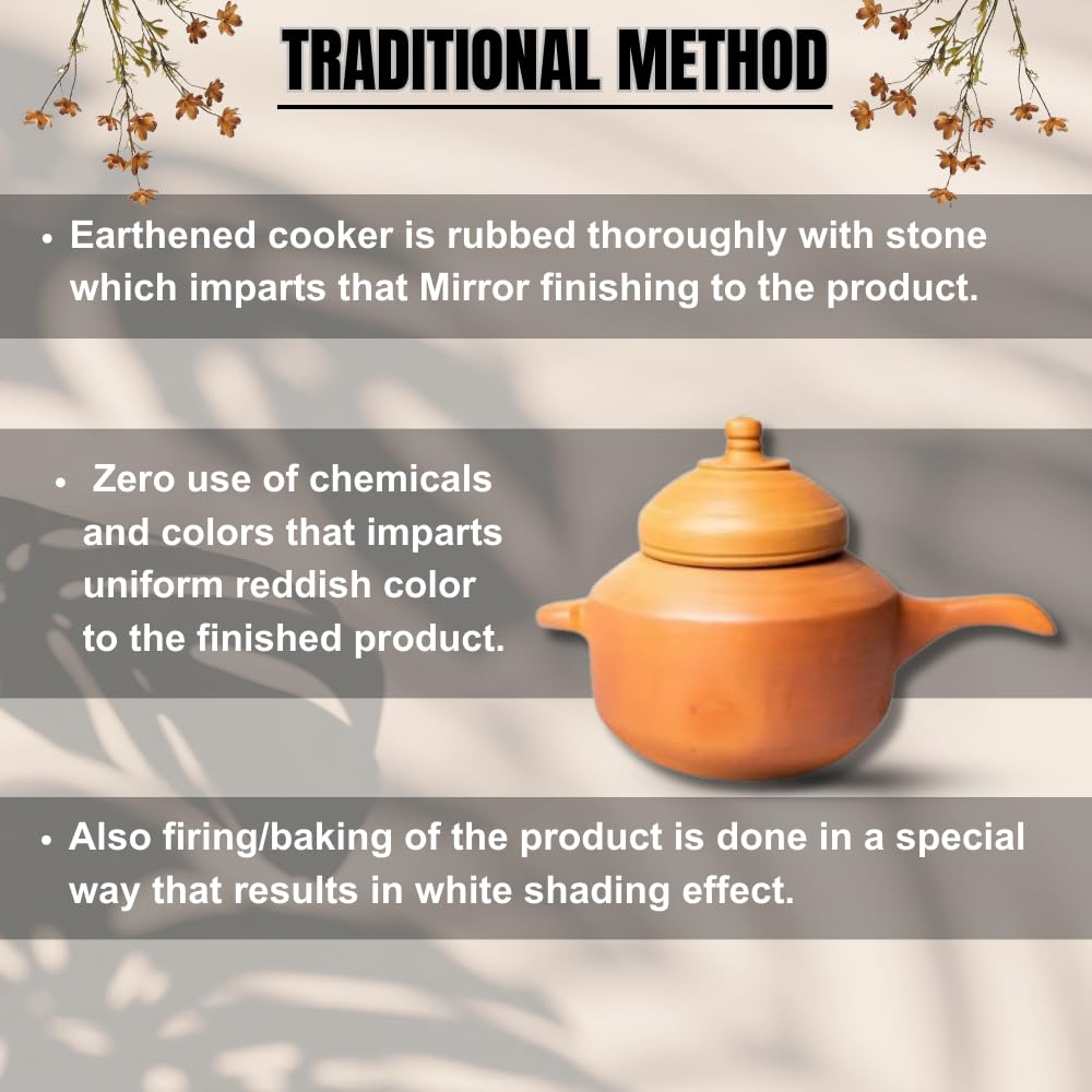 Mitti Cooker With Lid For Cooking Terracotta Handmade Unglazed Clay - Eco Friendly Cooker For Biryani Cooking With Lid, 2.5 Liters | Red-Ochre (Gerua)