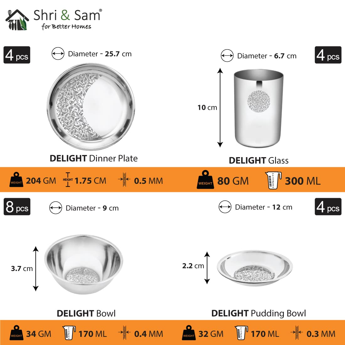 Designer Stainless Steel Delight Floral Laser Bloom Leaf Dinner Set Of 28 Pieces, Silver | 4 Dinner Plates+ 4 Glasses+ 8 Bowls+ 4 Pudding Bowls+ 4 Dessert Spoons+ 4 Dessert Fork