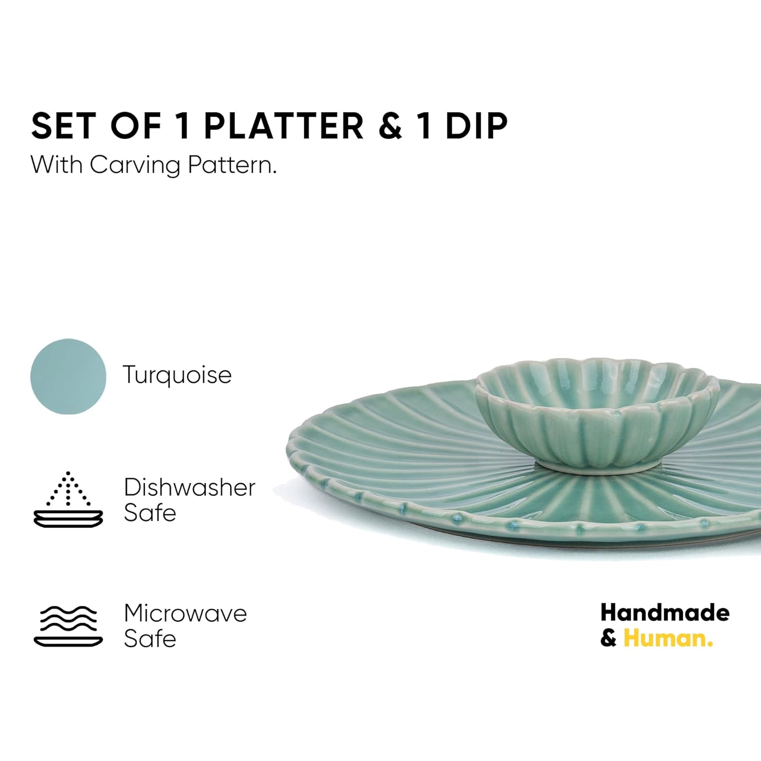 Large Flower Ceramic Serving Platter With Dip, 75ml - Light Mint | Serving Plate With Glossy Finish - Platters Serving Set | Snacks Serving Plates - Ceramic Flower Platter + Dip