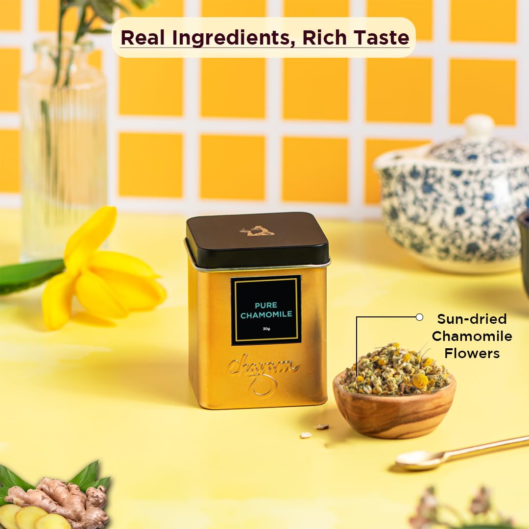 Chayam Pure Chamomile Tea - 30gm Tin Caddy, 1.05 Ounce | Sleep & Stress Relief, Calming Bedtime Herbal Tea - Pure Whole Chamomile Flowers | Caffeine Free