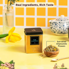Chayam Pure Chamomile Tea - 30gm Tin Caddy, 1.05 Ounce | Sleep & Stress Relief, Calming Bedtime Herbal Tea - Pure Whole Chamomile Flowers | Caffeine Free