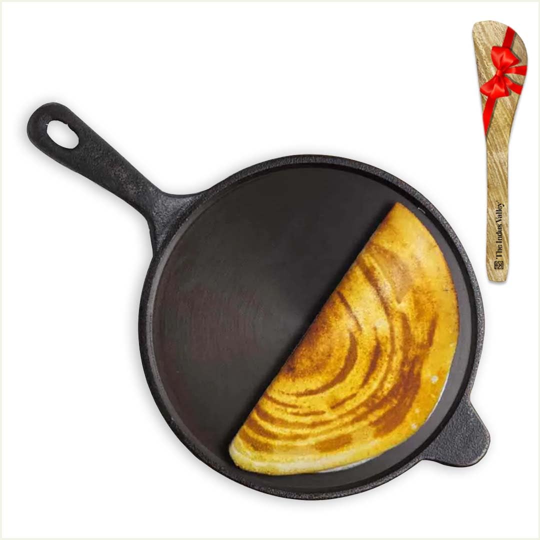 Super Smooth Cast Iron Tawa With Free Wooden Spatula For Dosa, Chapathi - 25.4cm, 10 Inch, 1.8 Kg | Induction Friendly, Naturally Nonstick, 100% Pure & Toxin-Free, No Chemical Coating