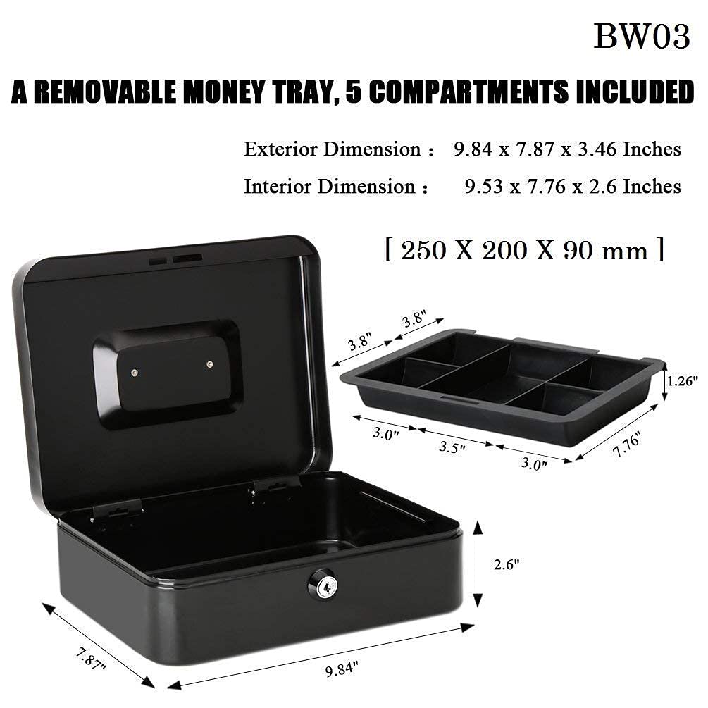 Large Cash Box With Money Tray & Lock Metal Money Box Safe Cash Storage Box With Lockable Cover, Jewellery Safe Locker With Plastic Coin Tray, Colour - Black