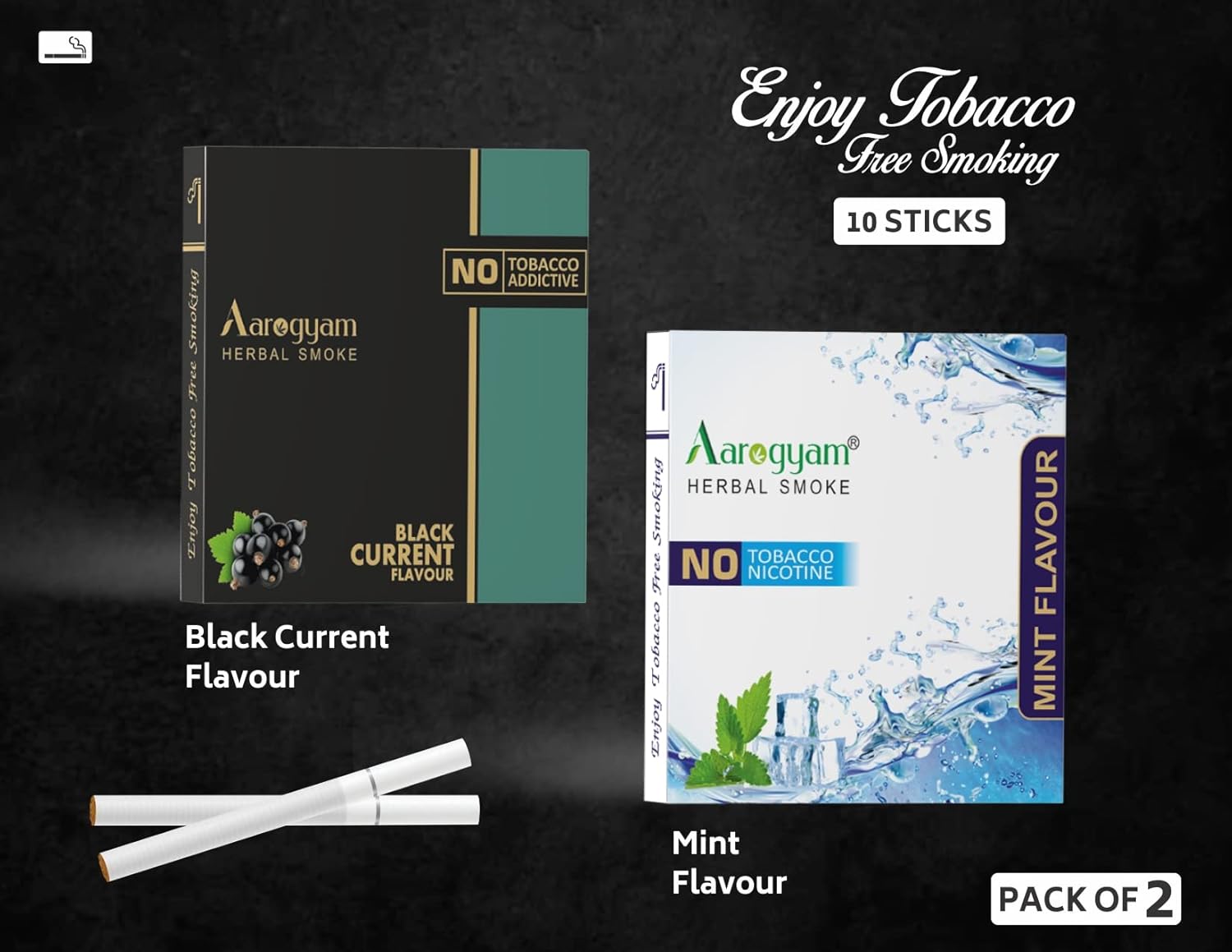 Aarogyam Herbals Pack Of 2 Flavours 100% Tobacco & Nicotine Free Cigarette For Relieve Stress & Mood Enhance Product Mint, Black Current - 10 Sticks X 2 Packets