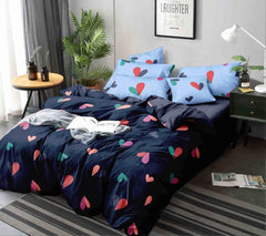 King Size Printed Double Bedsheet + Comforter With 2 Pillow Cover | 72 X 78 Inches, Dark Blue - Glace Cotton Elastic Fitted All Around Bedsheet
