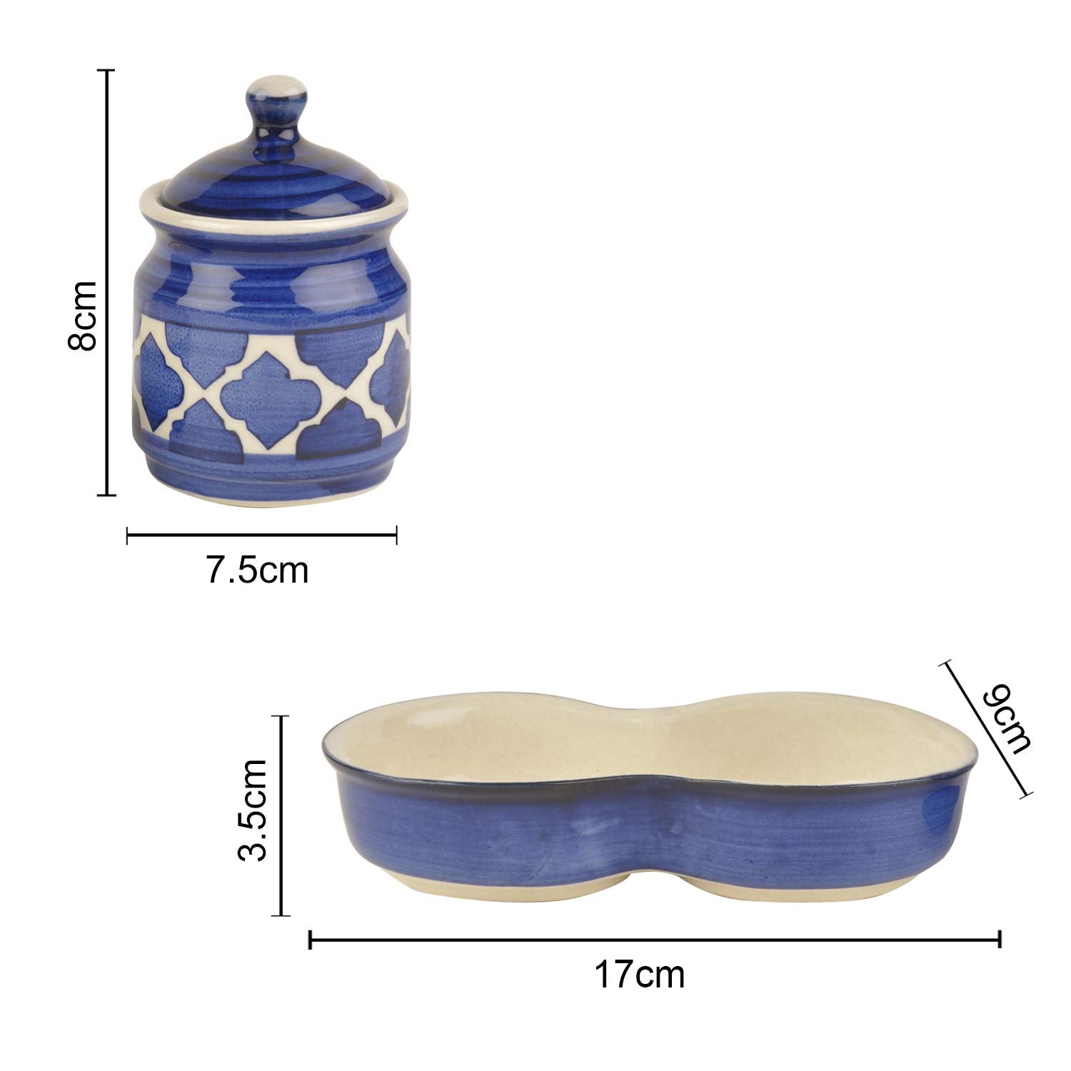 Ceramic Pickle Serving Jar Set With Tray Set Of 2 - 200ml Each, Blue & White | Condiment Set - Pickle Jar Set For Dining Table | Masala Container