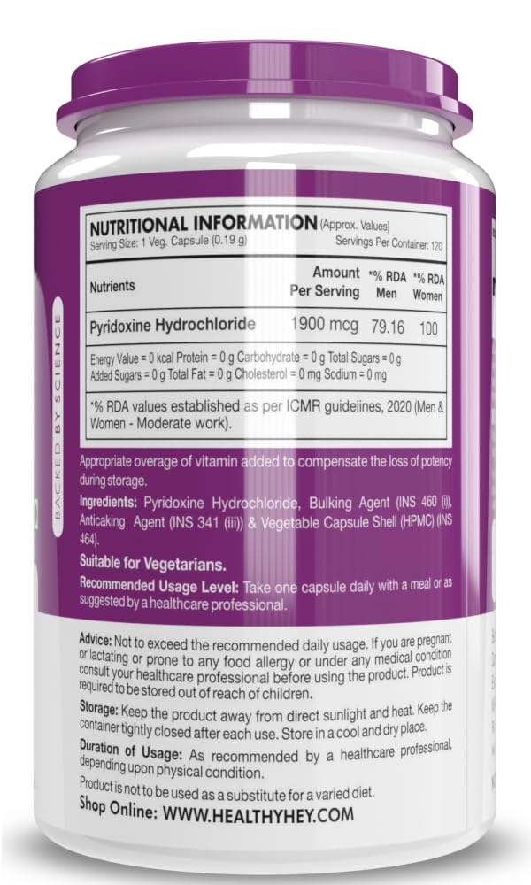 Healthyhey Nutrition Vitamin B6 Pyridoxine , Supports Immune Health | 120 Veg Capsules , 200gm 0.4lbs
