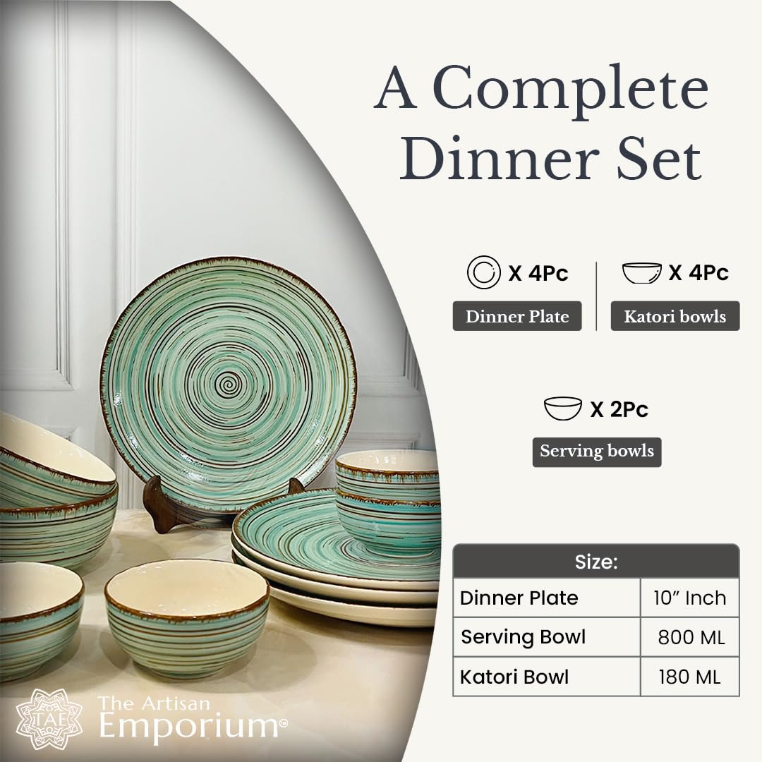 Iris Turquoise Handcrafted Ceramic Dinner Set - 10 Pieces | 4 Dinner Plates + 4 Katori Bowls, 180ml Each+ 2 Serving Bowls, 800ml Each Dinnerware Set | Serving For 4, Microwave Safe & Dishwasher Safe
