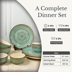 Iris Turquoise Handcrafted Ceramic Dinner Set - 10 Pieces | 4 Dinner Plates + 4 Katori Bowls, 180ml Each+ 2 Serving Bowls, 800ml Each Dinnerware Set | Serving For 4, Microwave Safe & Dishwasher Safe
