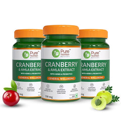Pure Nutrition Cranberry & Amla Extract With 3bn Cfu Probiotics, Uti Health Supplement For Unisex, Useful For Bladder & Urinary Tract Infections | 550mg 60 Veg Capsules 100gm 0.2lbs Each Pack Of 3