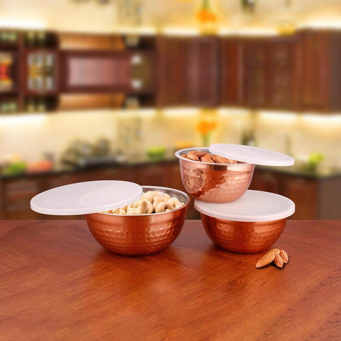 Fresco Copper Coating Hammered Shape 3 Pcs Canisters Set With Plastic Lid For Dry Foods | Size : 14cm - 850ml, 16cm - 1150ml, 18cm - 1550ml | Air Tight Storage Container Bowls Set