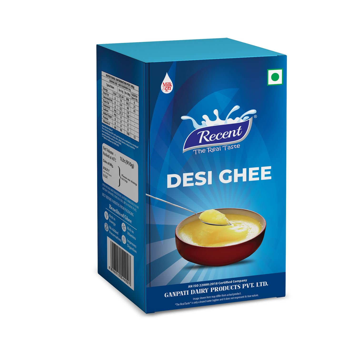 Organic Pure Desi Ghee By Recent- The Real Taste | High In Protein Fiber Healthy Desi Ghee Good For Weight Managements | (1 Litr) 33.8 Ounce | Box Pack