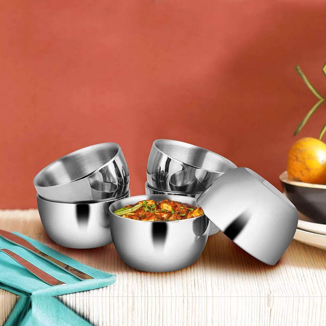 Stainless Steel Nikki Double Wall Big Katori Set Of 6 - 8cm, Silver, 210ml Each | Easy To Clean & Dishwasher Safe