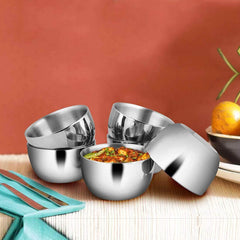 Stainless Steel Nikki Double Wall Big Katori Set Of 6 - 8cm, Silver, 210ml Each | Easy To Clean & Dishwasher Safe