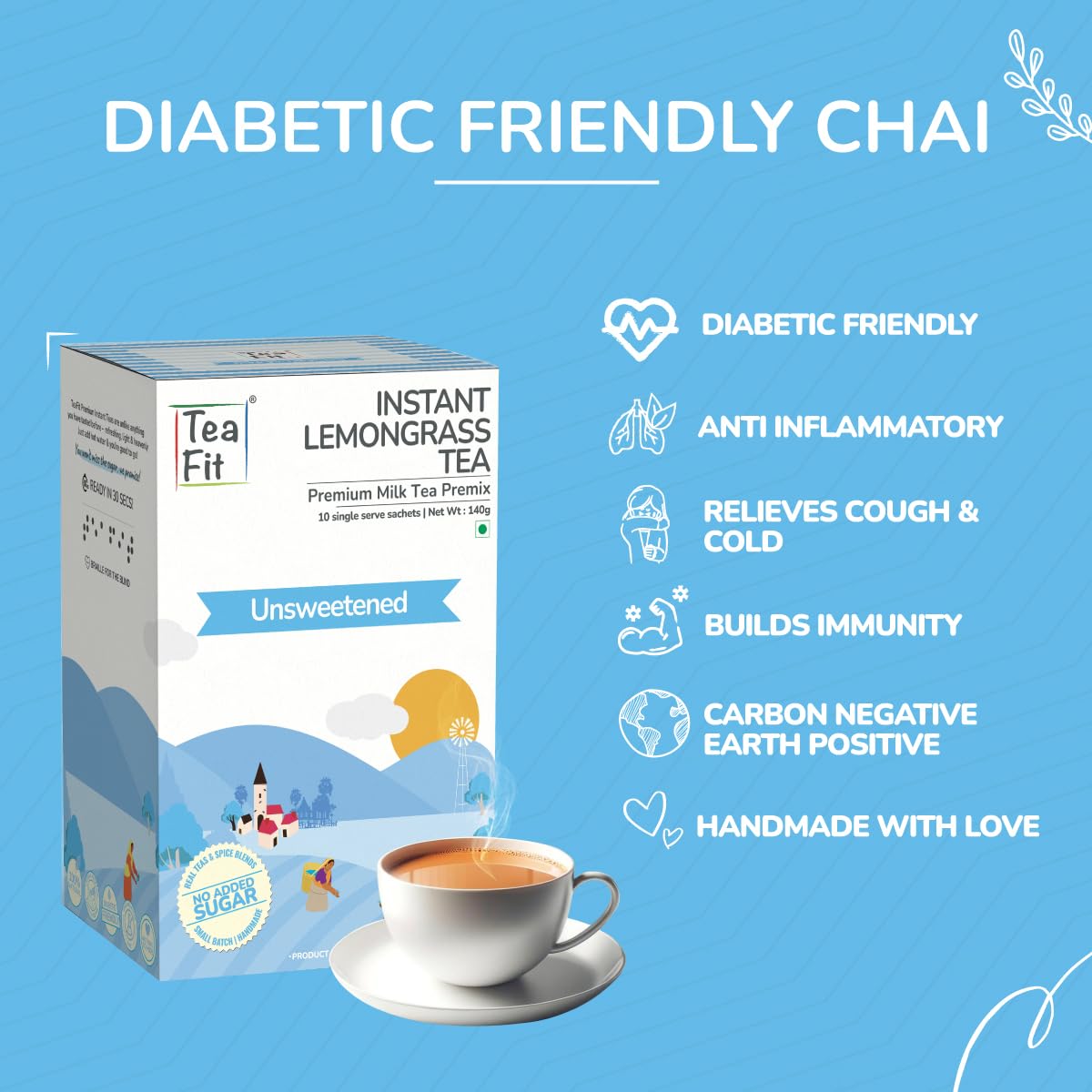 Teafit Unsweetened Instant Lemongrass Tea Premix - Pack Of 10 Sachets, 140gm, 4.9 Ounce | Premium Milk Tea Premix, Just Add Water - Strong Home Like Chai Tea | Low Caffeine