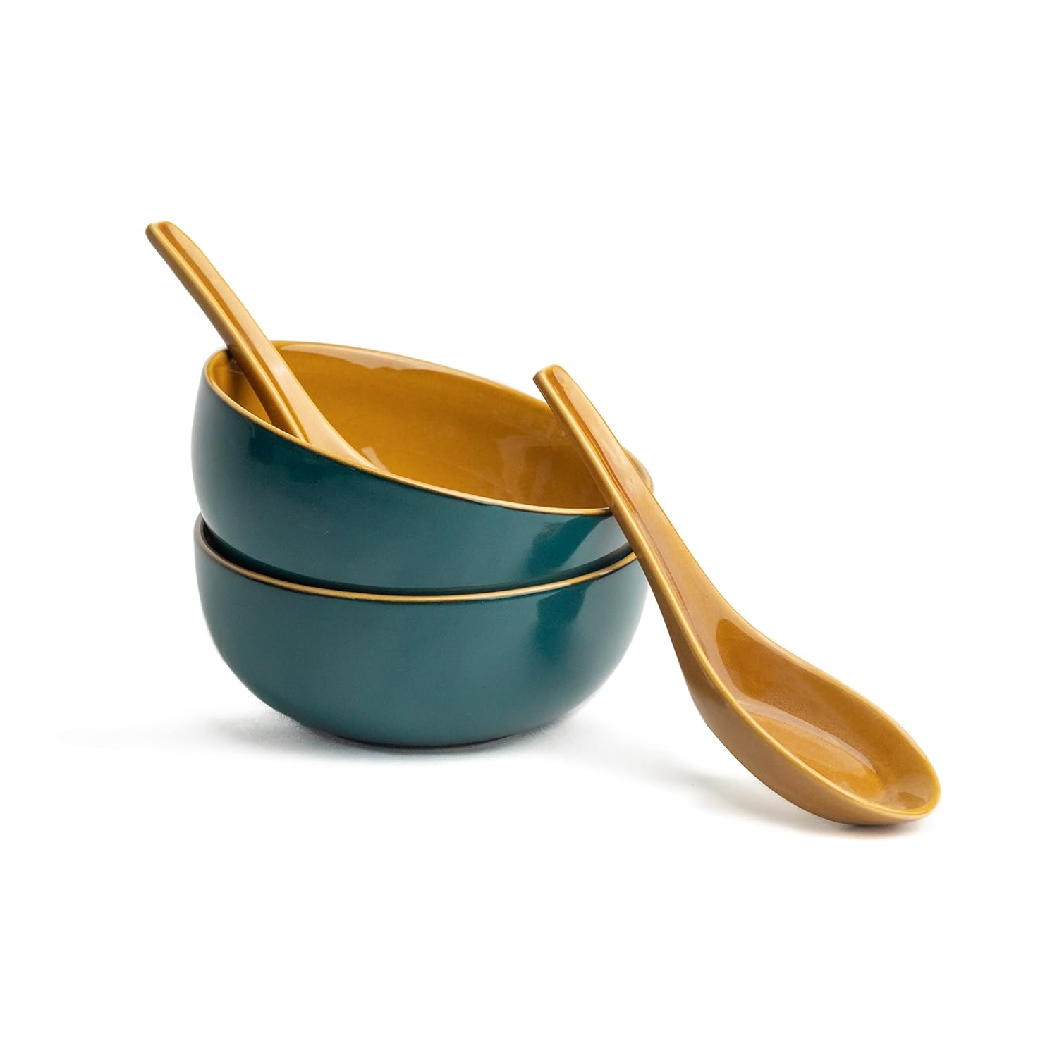 Ceramic Soup Bowl Set With Spoons - 300ml Each, Teal Green | 6 Pieces Soup Bowls + 6 Spoons | Glossy Finish - Premium Stoneware Ceramic Soup Bowls With Spoons | Soup Bowl Set Of 6