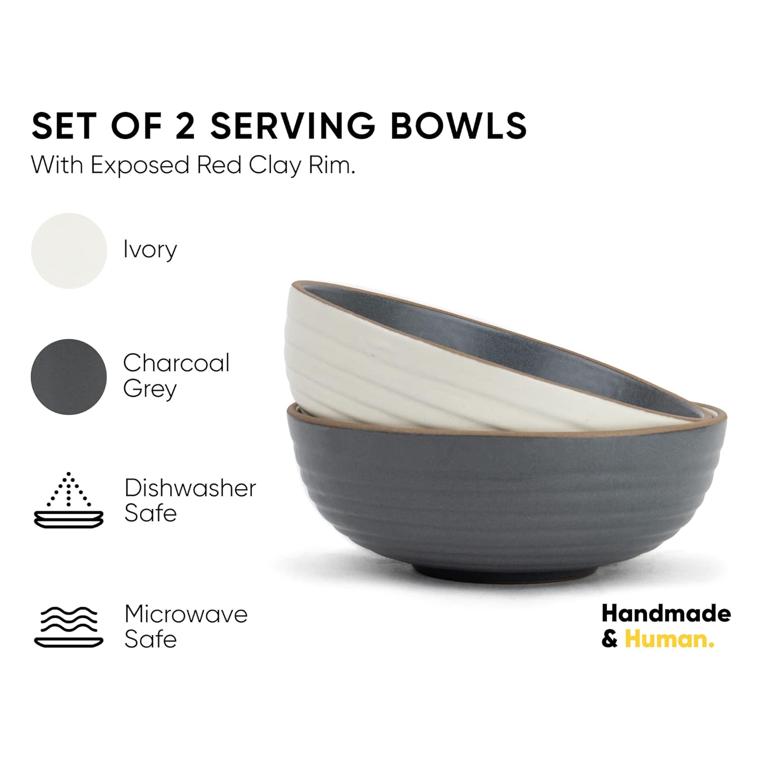 Ceramic Japandi Medium Pasta Bowl Set Of 2 Pieces - 17cm, Grey & White, 850ml Each | Stoneware Ceramic Serving Bowls - 1 Grey Bowl + 1 White Bowl | Deep Plate - Ceramic Bowl With Matte Finish