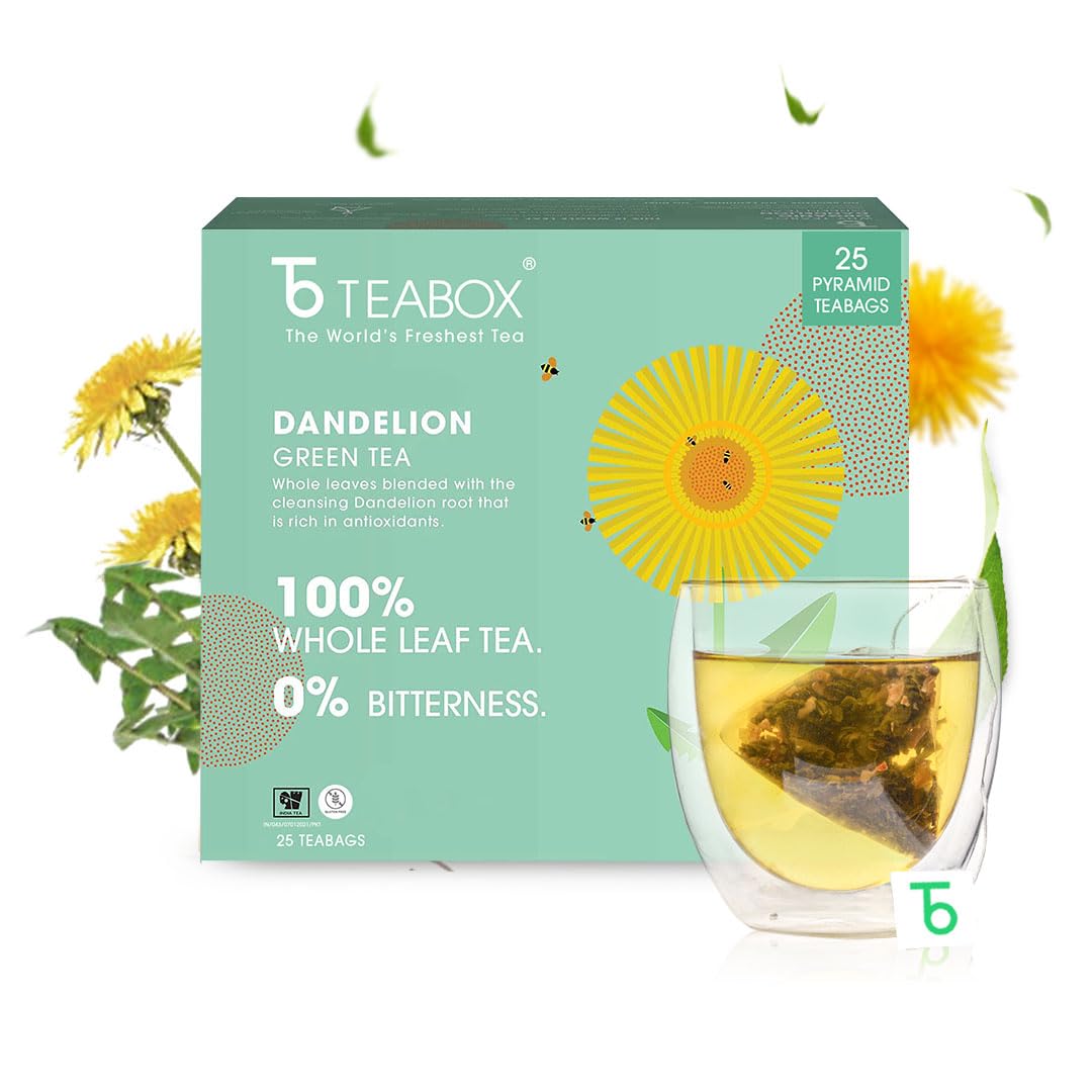 Teabox Dandelion Green Tea - 25 Pyramid Tea Bags | 100% Whole Leaf & 0% Bitterness - Green Tea From The Himalayas | Low Caffeine