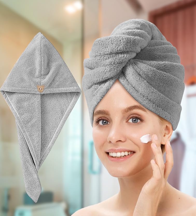 Fezora Hair Towel Wrap For Women (Pack Of 2) | Quick-Dry Microfiber Hair Turban With Elastic Loop | Super Absorbent Hair Drying Towel For Ladies & Girls (Grey & Purple)