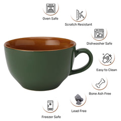 Ceramic Soup & Coffee Wide Large Mug With Handle - Set Of 1, 350ml, Green | Bone Ash Free & Microwave Safe - Bowl For Maggi, Cappuccino, Latte, Green Tea - Matte Finish