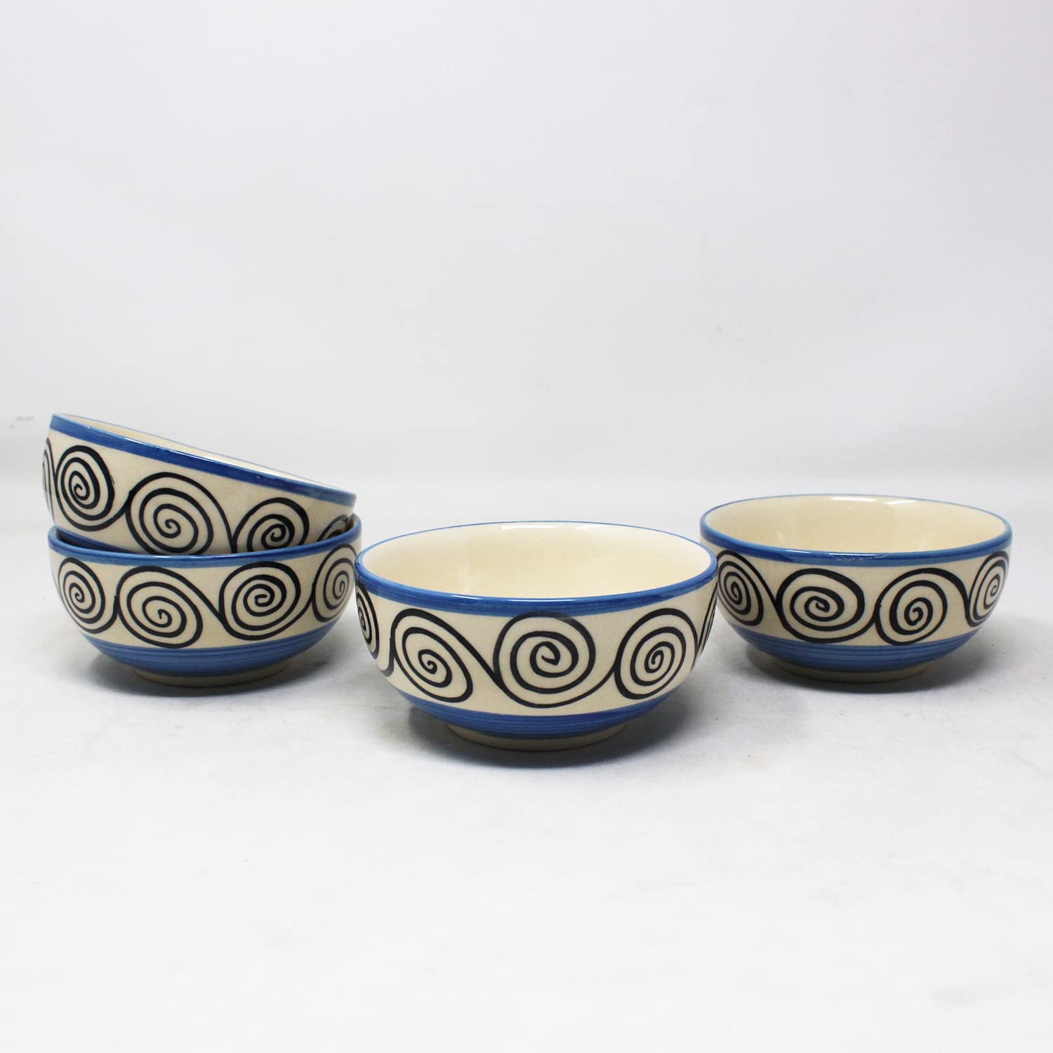 Blue Swirl Hand Painted Ceramic Dining Bowl Katoris - 6 Pieces, 180ml Each | Ceramic Bowls - Serving Bowls For Dinner, Snacks & Dessert - Microwave Safe