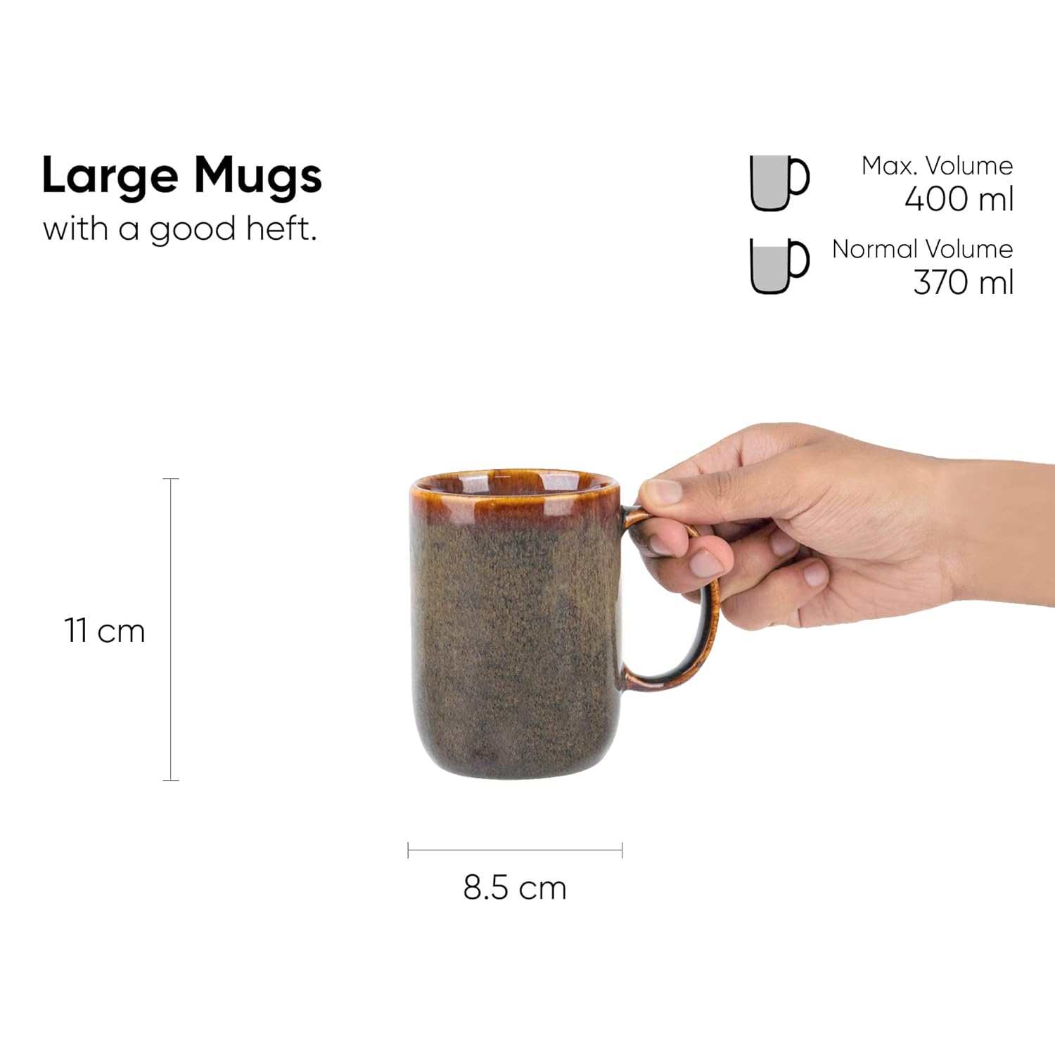 Large Ceramic Coffee Mug Set Of 2 - Brown Reactive, 400ml Each | Ceramic Tall Curvy Mug With Glossy Finish - Stoneware Mug For Coffee | Ceramic Coffee Mug - Microwave Safe & Dishwasher Safe