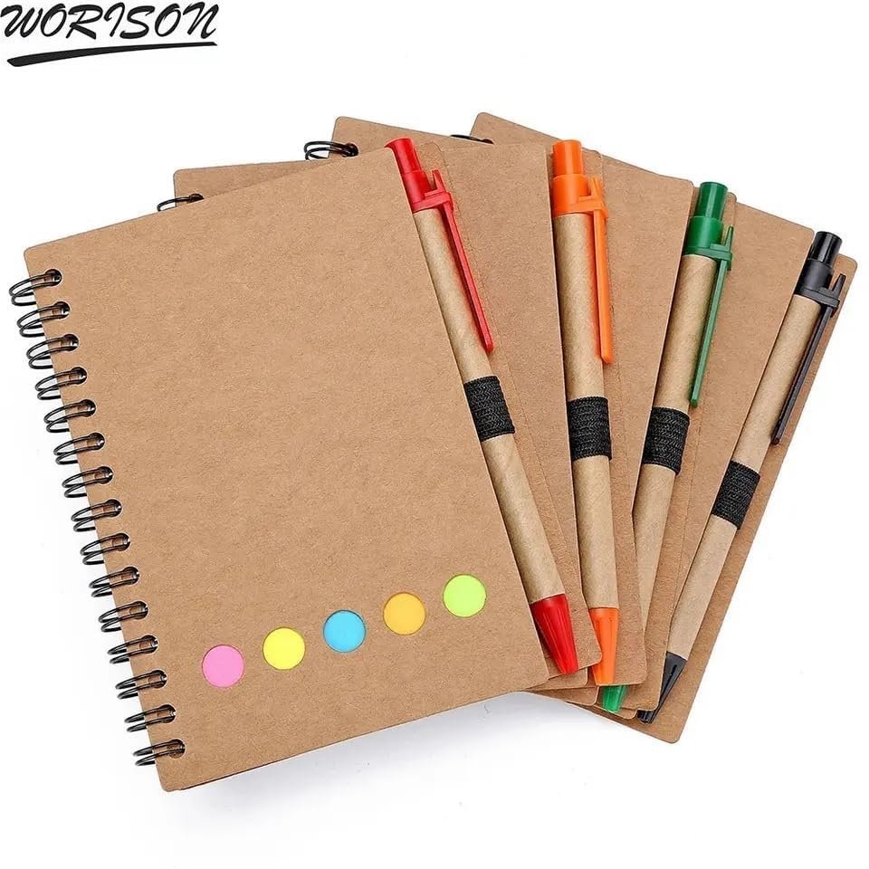 Ruled Spiral Notebook With Sticky Notes Kraft Paper Cover Notepad With Pen | Pack Of 4 - 200 Pages