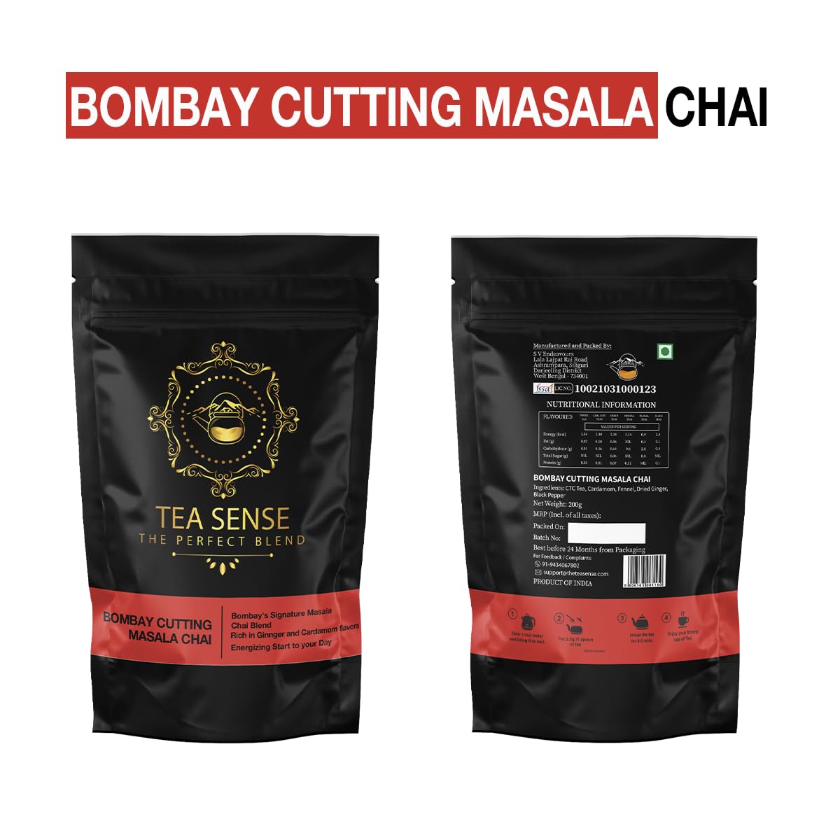 Tea Sense Bombay Cutting Masala Chai - 200gm, 7.05 Ounce | Assam CTC, Cardamom, Fennel, Dried Ginger, Black Pepper - Rich Flavor & Strong Chai Patti, High Caffeine | The Perfect Blend Loose Leaves