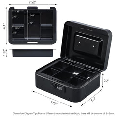 Medium Metal Cash Box With Combination Lock Safe & Money Tray For Security 7.87"X 6.30"X 3.54" Colour - Black