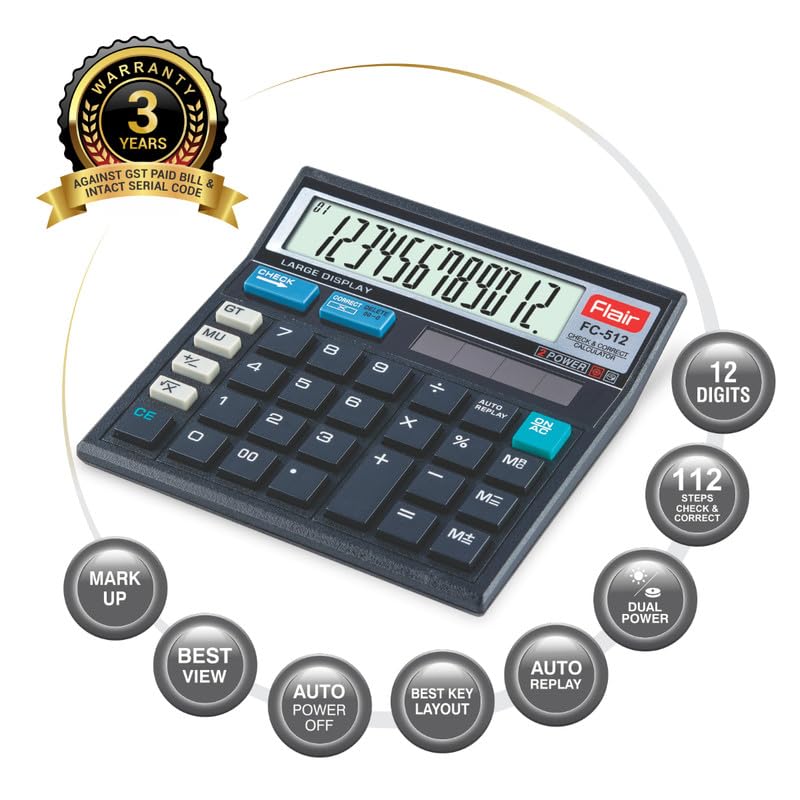 Flair Pierre Cardin Electronic Desktop Calculator - FC 512 | 12 Digits Large LCD Display, 112 Steps Check & Correct