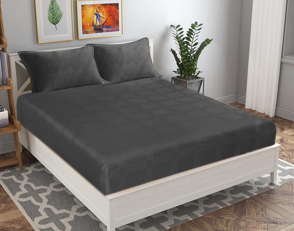 Cotton Elastic Fitted Bedsheets With 2 King Size Pillow Covers - Size 72x78+10 Inches, Grey | Double Bed With All Around Elastic 180 TC Super Soft