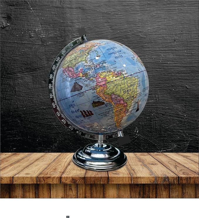 Globe In Kannada Language + Magnifying Glass, For Kids & Students Learning, Office Table & Home Decor & School Supplies, High-Quality Plastic & Metal Chrome, Combo