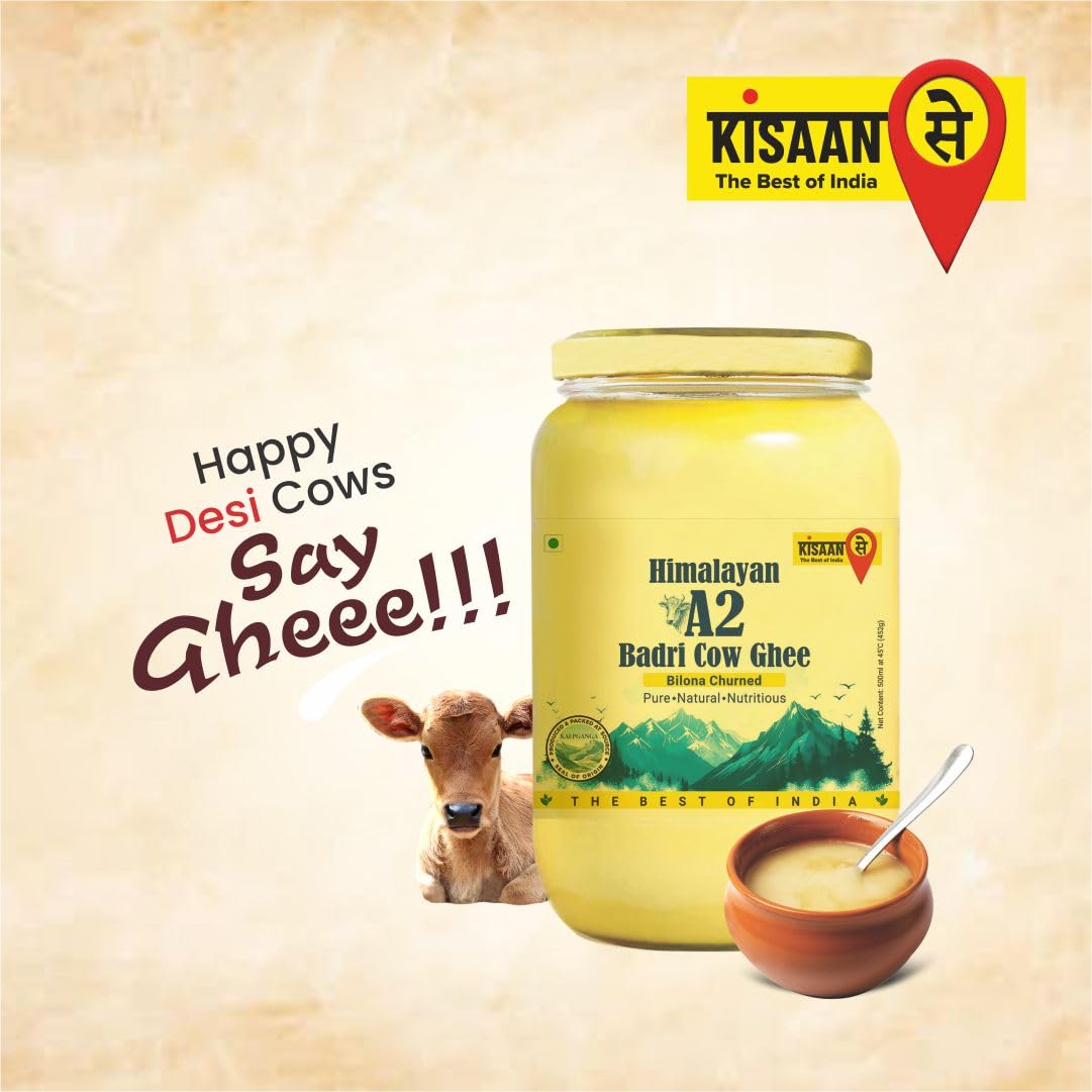 Pure Himalayan Badri A2 Cow Ghee By Kisaansay | Traditionally Bilona Churned Pure Desi Ghee Perfect For Bakes Cookies | (500ml) 16.9 Ounce | Jar Pack