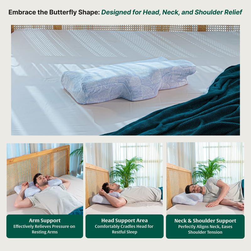 Butterfly Cervical Pillow For Neck & Shoulder Pain Relief - Orthopedic Pillow | Butterfly Pillow Memory Foam For Back & Side Sleeper | Dual Height Ergonomic Neck Support, Adjustable Pillow