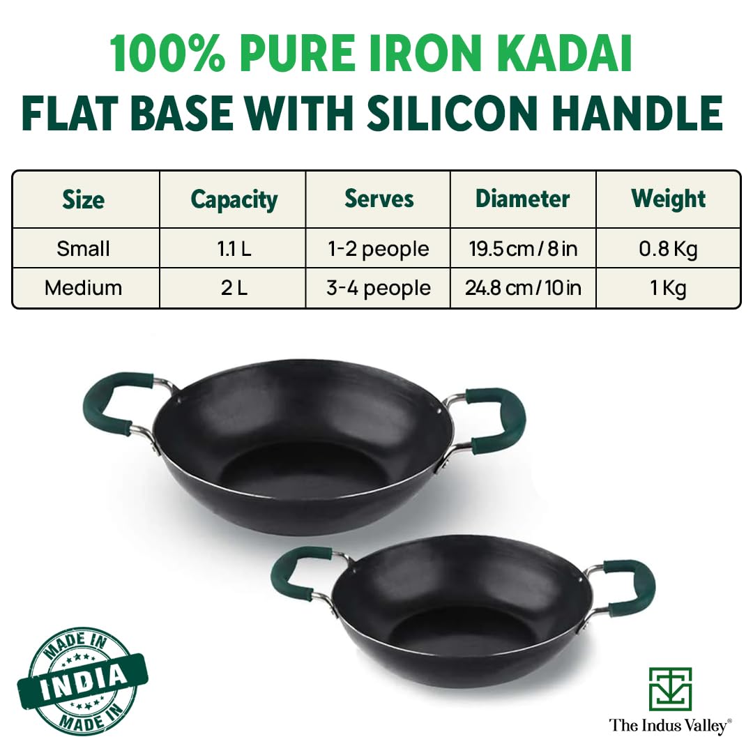 Pre-Seasoned Black Iron Kadai With Silicon Grip - Medium, 25.5 Cm, 10 Inch, 2 Liters, 1.08 Kg | Induction Friendly, Flat Base Iron Kadhai, 100% Pure & Toxin-Free, No Chemical Coating