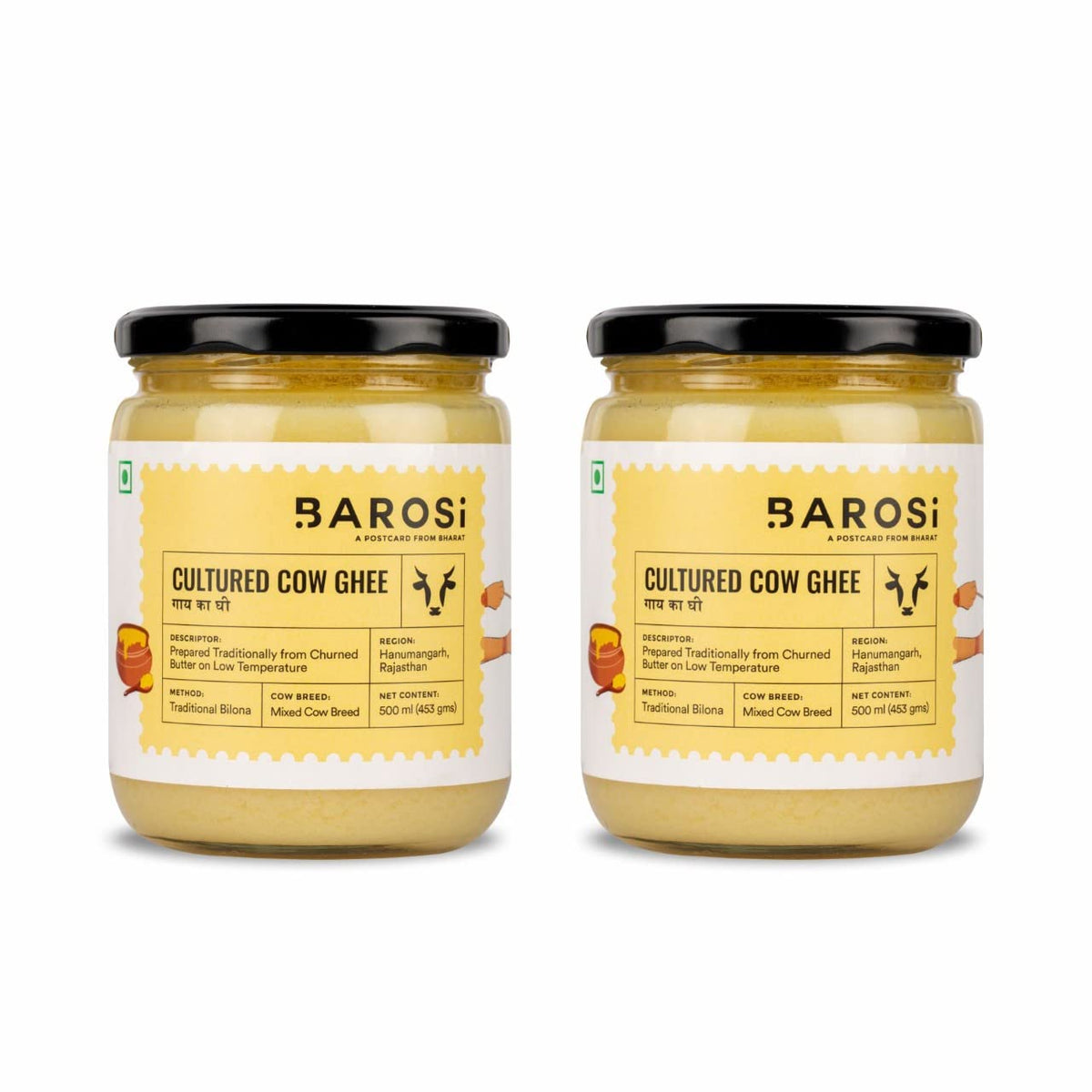 Pure Organic Cultured Desi Cow Ghee By Barosi | Rich In Vitamins A, E & Healthy Cow Desi Ghee Good For Cooking | 1 Litr (500ml * 2) 33.8 Ounce | Jar Pack