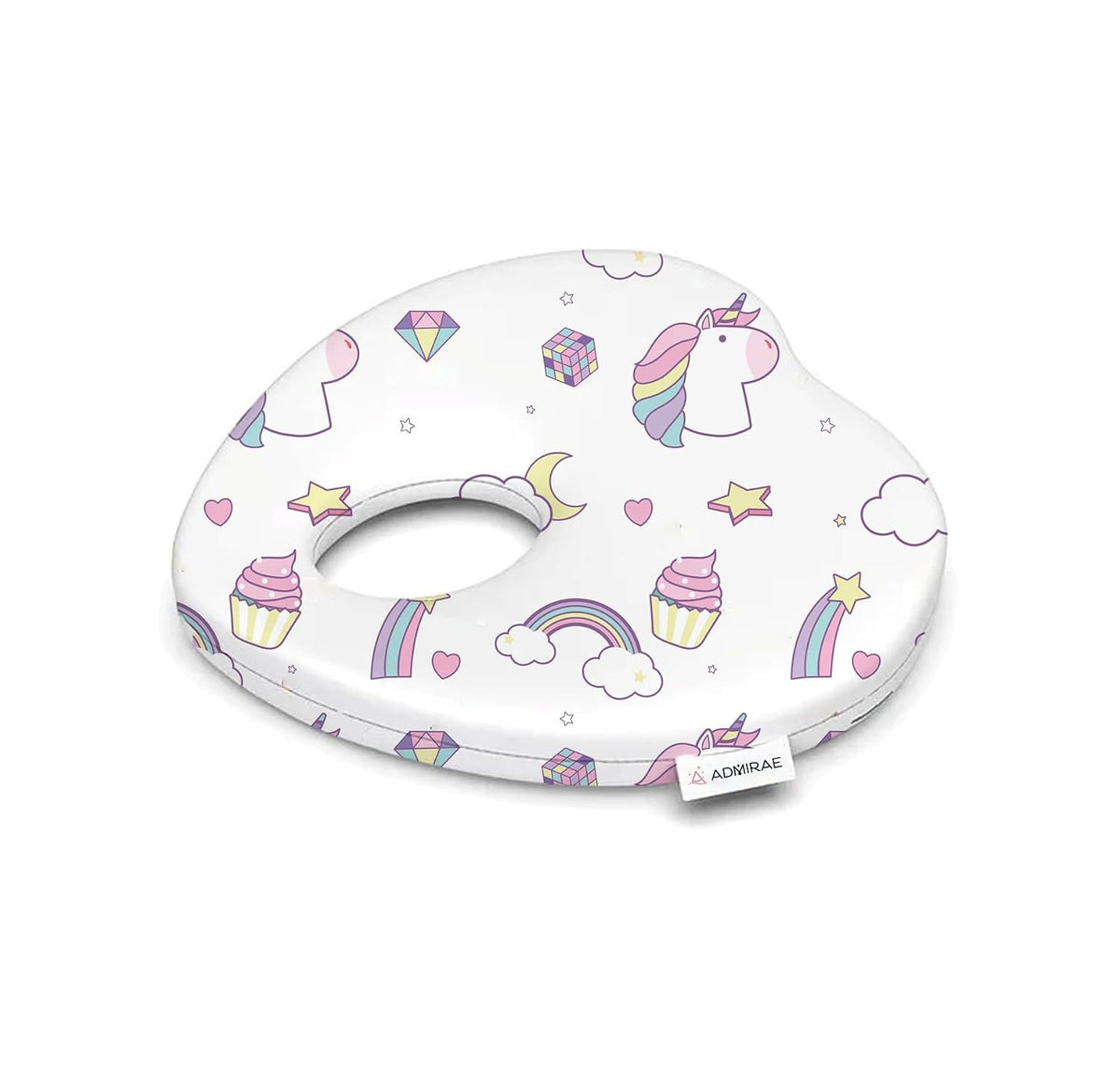 Premium Head Shaping Heart Shape Memory Foam Pillow, White - Unicorn Print - 23 X 23 X 4 Cm | Head Corrector Pillow, Lightweight & Portable, Ultra - Soft & Breathable Fabric Pillow