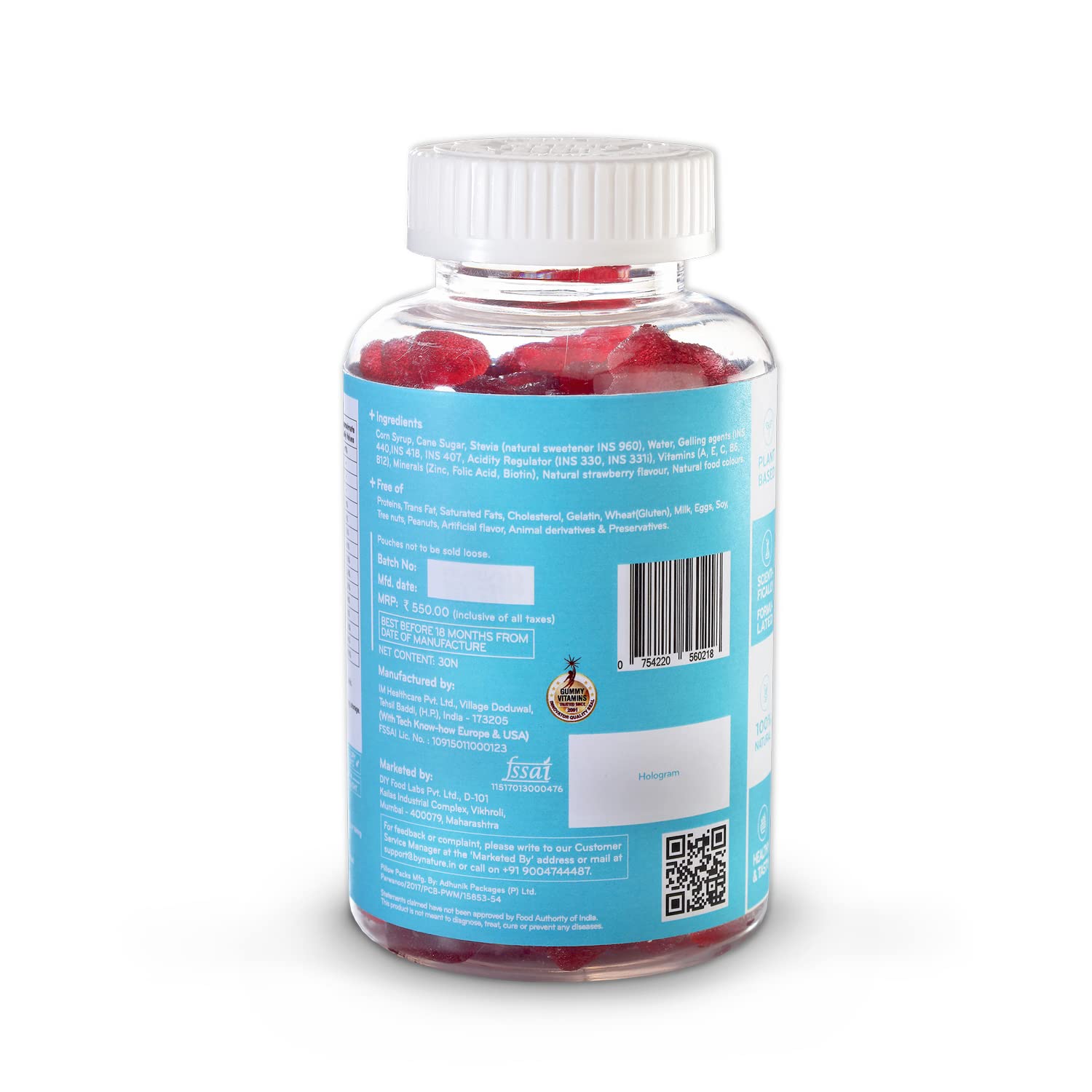 By Nature Hair Skin & Nails Vitamin Gummies , With Biotin, Folic Acid, Vitamin A, C, E, B6, B7, B9 & B12 For Hair Growth, Glowing Skin & Strong Nails | 30 Capsules , 50gm 0.1lbs