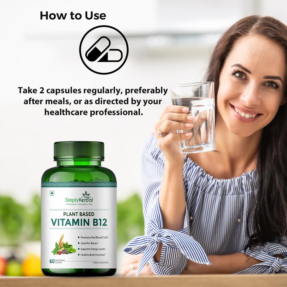 Simply Herbal Plant Based Vitamin B12 Capsules Improves Your Brain Function & Nervous System For Men & Women | 60 Capsules , 100gm 0.2lbs