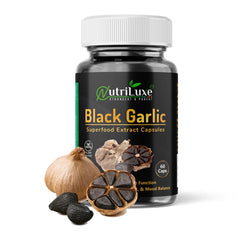 Nutriluxe Black Garlic Extract Capsules 500mg 100% Natural Good For Digestion, Improves Heart Health, Regulates Sugar Levels | 60 Capsules 100gm 0.2lbs