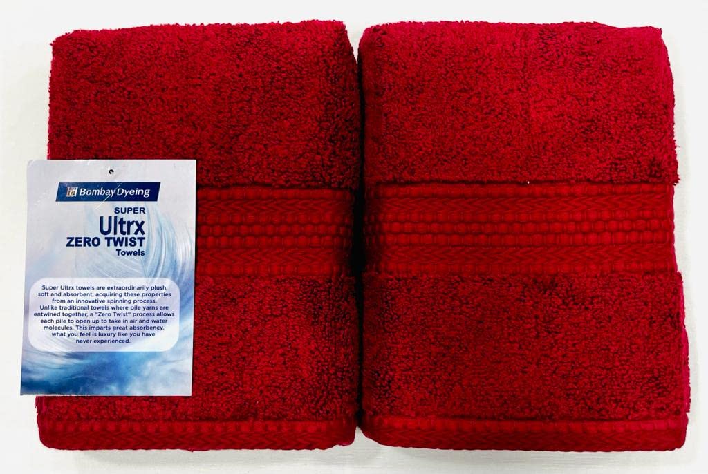 Bombay Dyeing Ultrx Zero Twist Plain Cotton Hand Towel 400 Gsm (Mahroon)- 2 Piece