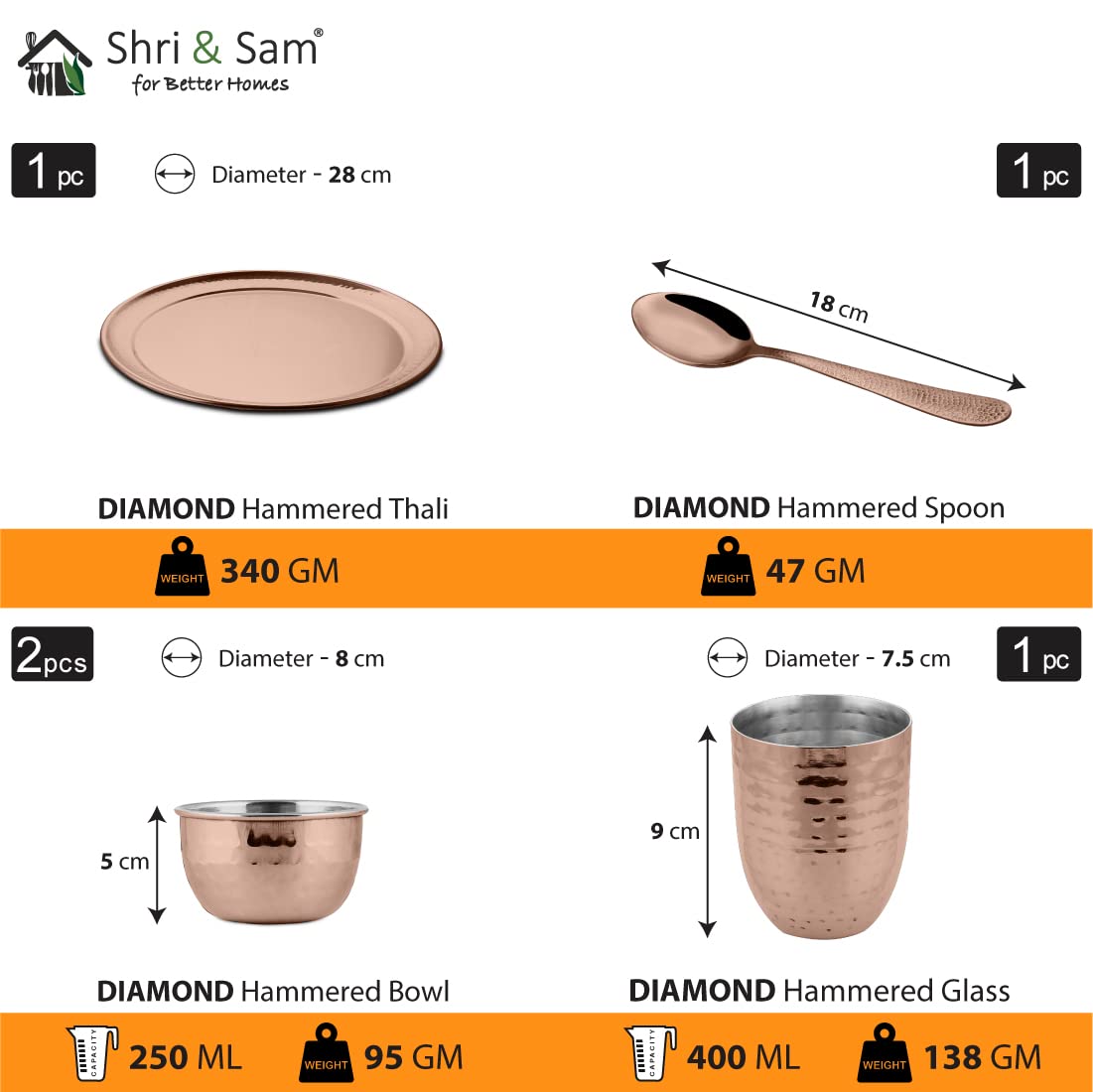 Stainless Steel Hammered Rose Gold Diamond Thali Set With PVD Coating, 5 Pieces | 1 Thali+ 1 Glass+ 2 Katoris+ 1 Spoon - Easy To Clean & Dishwasher Safe