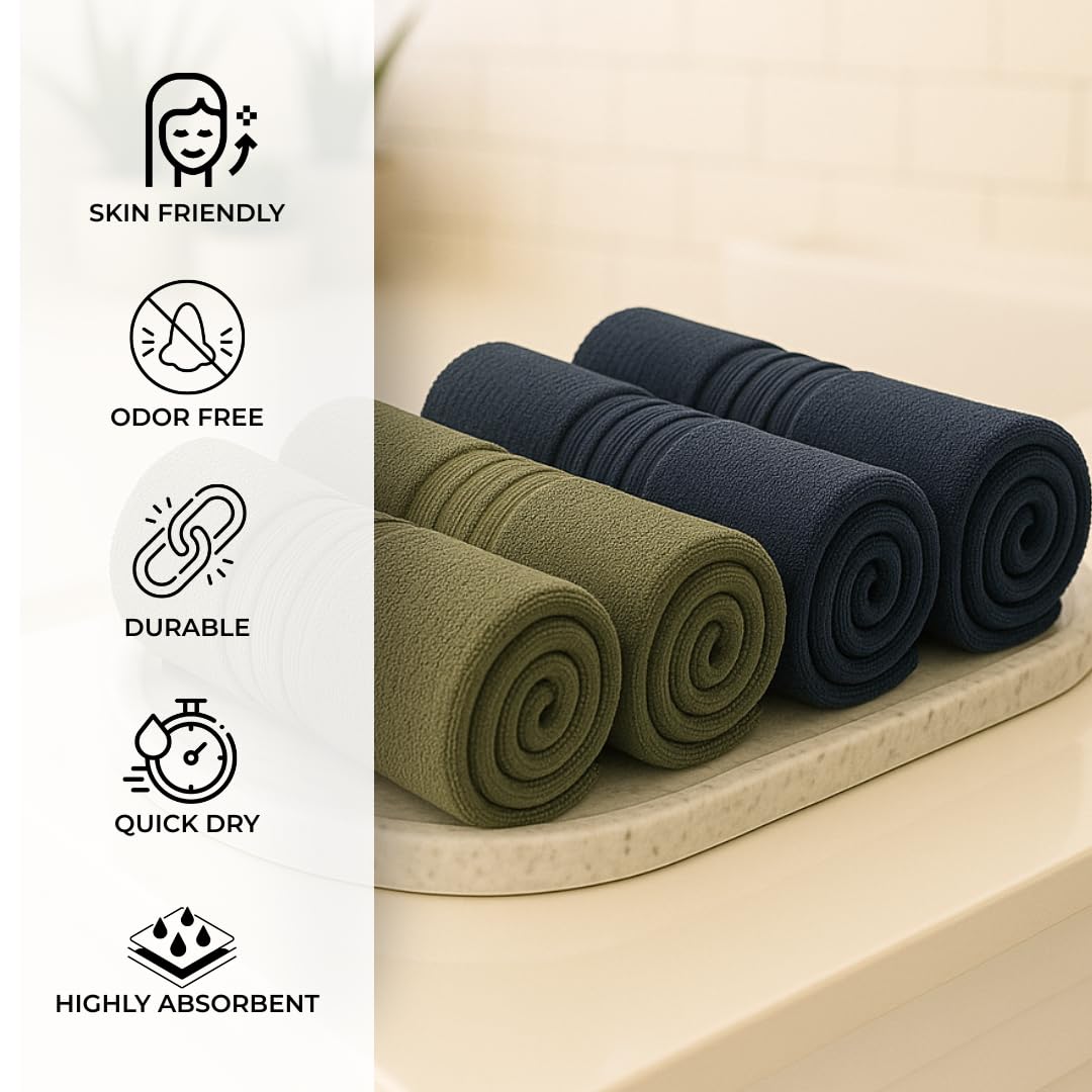 Akiko Home 100% Cotton Essential Series Face Towel 600 Gsm | Soft Absorbent & Durable Washcloth For Men & Women, Compact Travel Towel -Pack Of 4 (Green & Navy)