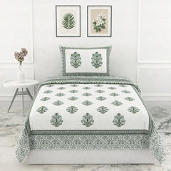 Soft Cotton Single Size Bedsheet With 1 Pillow Cover - 60 X 90 Inches, Cream & Green | Durable For Everyday Use - All Season Comfort