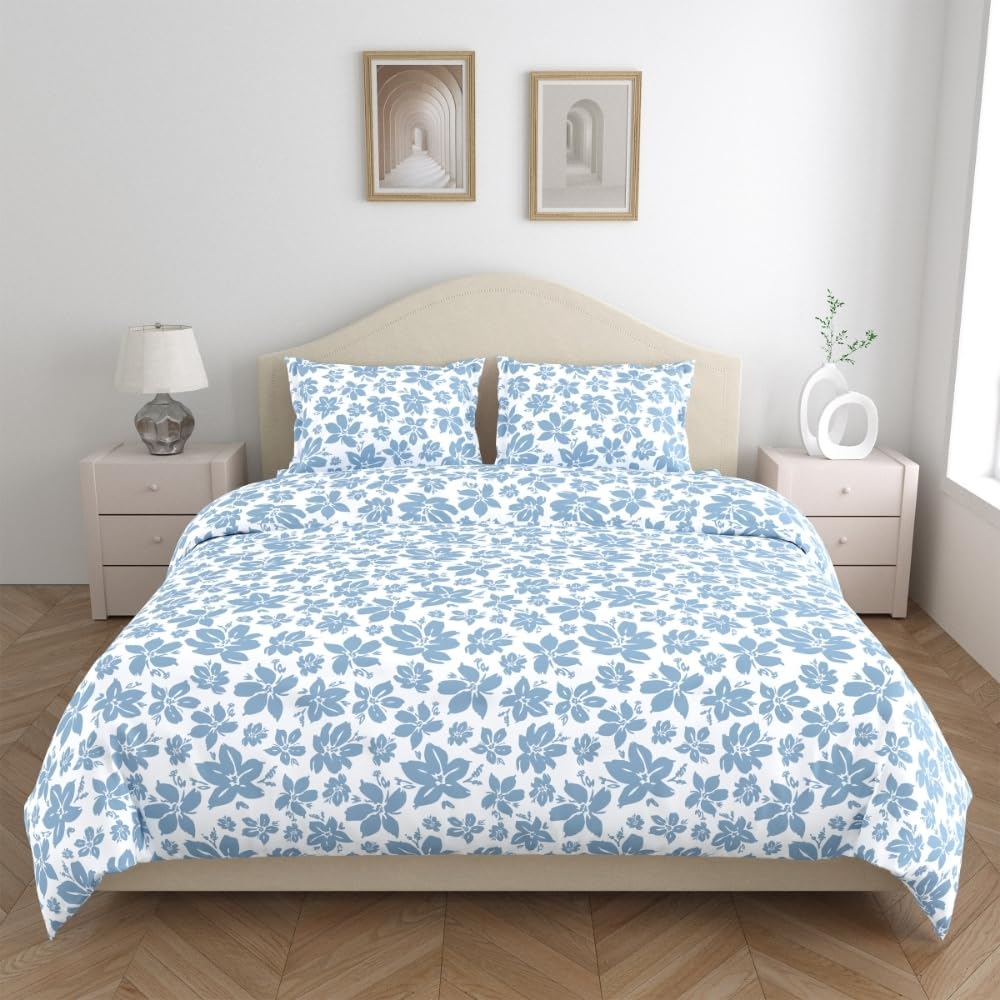 Pure Cotton Queen Size Bedsheet With 2 Matching Pillow Covers - 100 X 90 Inches, White & Blue | Easy Care & Long-Lasting Fabric
