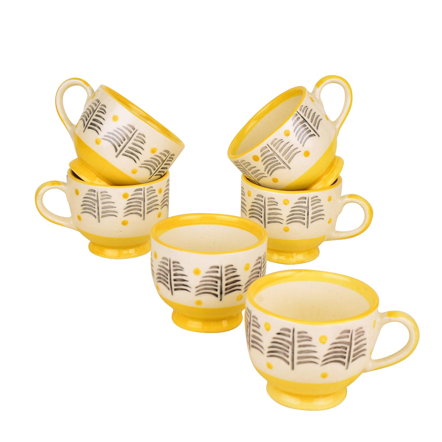 Hand Painted Ceramic Cup Set Of 6 - Yellow & Black, 150ml Each | Microwave Safe Tea Cups & Mugs - Chai Cups