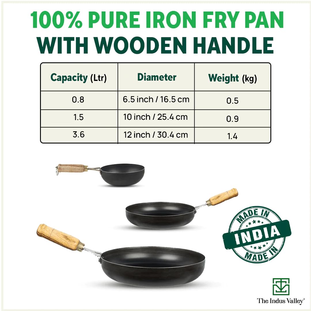 Pre-Seasoned Black Iron Fry Pan With Wooden Handle - Large, 30.4 Cm, 12 Inch, 3.6 Ltr, 1.4 Kg | Induction Friendly, Pre-Seasoned Fry Pan, 100% Pure & Toxin-Free, No Chemical Coating