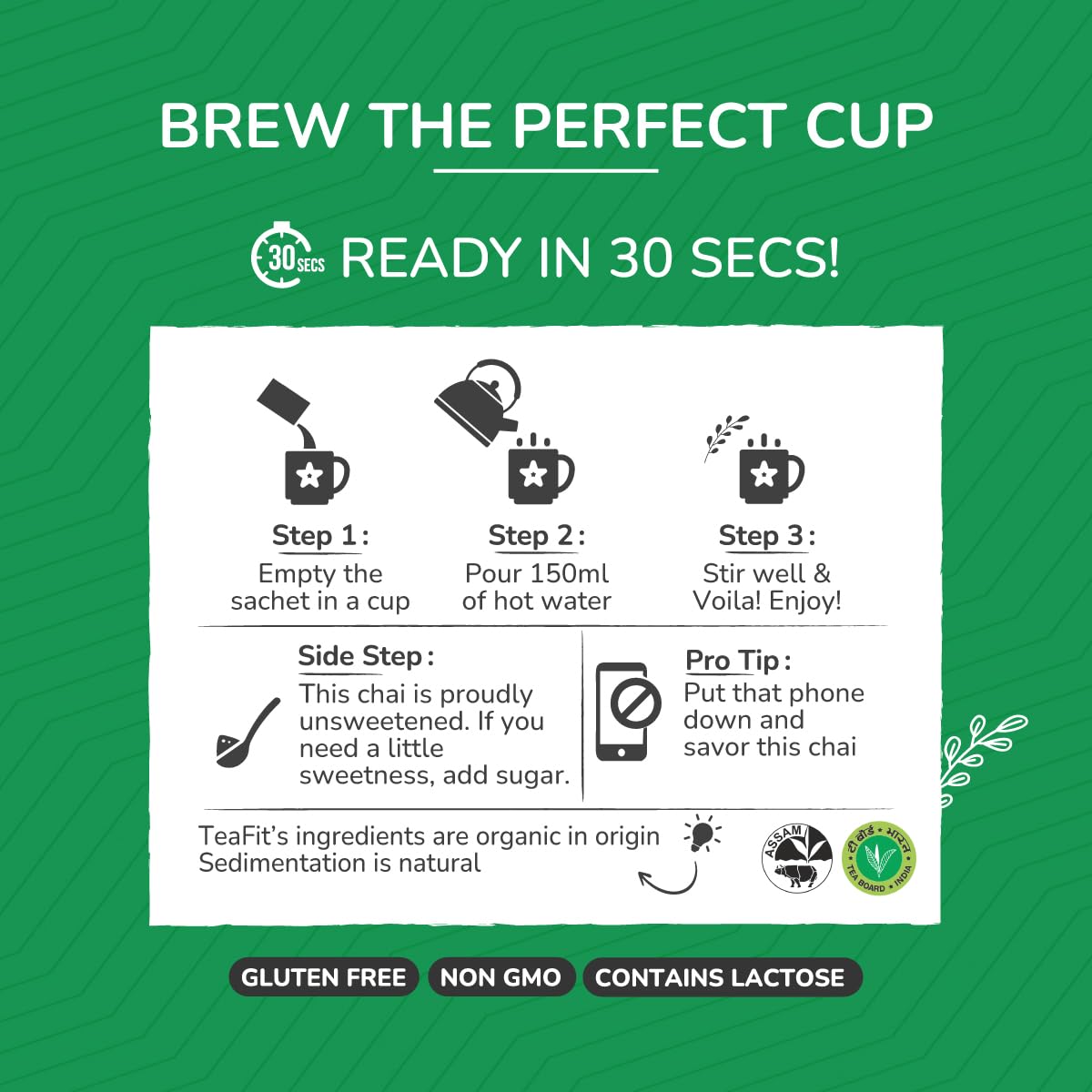 Teafit Unsweetened Instant Cardamom Tea Premix - Pack Of 10 Sachets, 140gm, 4.9 Ounce | Premium Milk Tea Premix, Just Add Water - Strong Home Like Elaichi Chai | Medium Caffeine